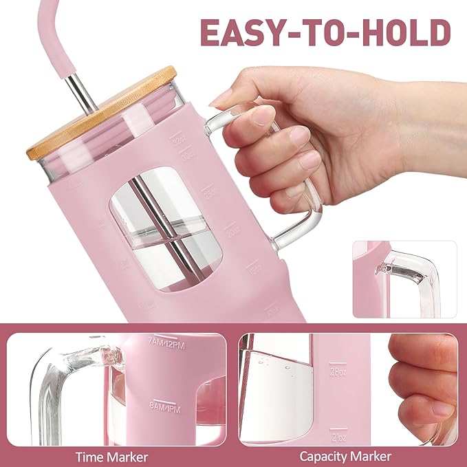 Glass Tumbler with Straw and Lid, 32 oz Glass Cup with Handle, Glass Water Bottles with Time Marker, 2 Straws - Pearl Straw & Drinking Straw Silicone Protective Sleeve-Pink
