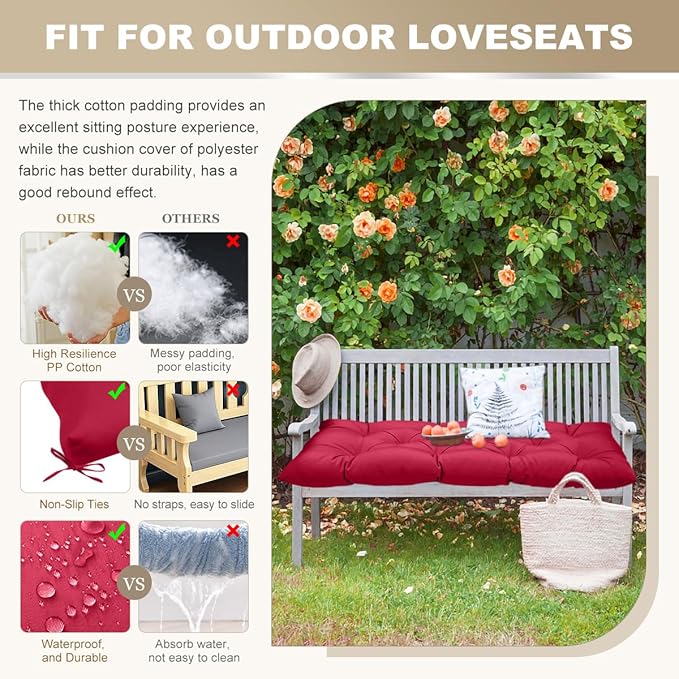 Outdoor Bench Cushion 60inches Waterproof & Fade Resistant Patio Furniture Cushions Tufted Fresh Porch Swing Lounger Loveseat Pads with Straps(Wine red-60x20in)