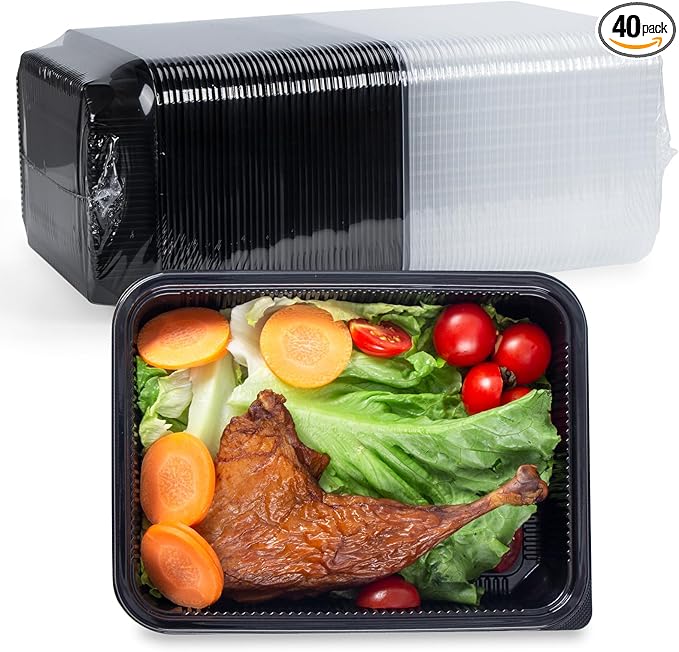 YANGRUI Plastic Containers with Lid 40 Pack 48 oz - Reusable Shrink Wrap Leak Proof Takeout | Flexible Pure PP BPA Free Food Container | Dishwasher & Microwave Safe Restaurant Meal Prep Food Container