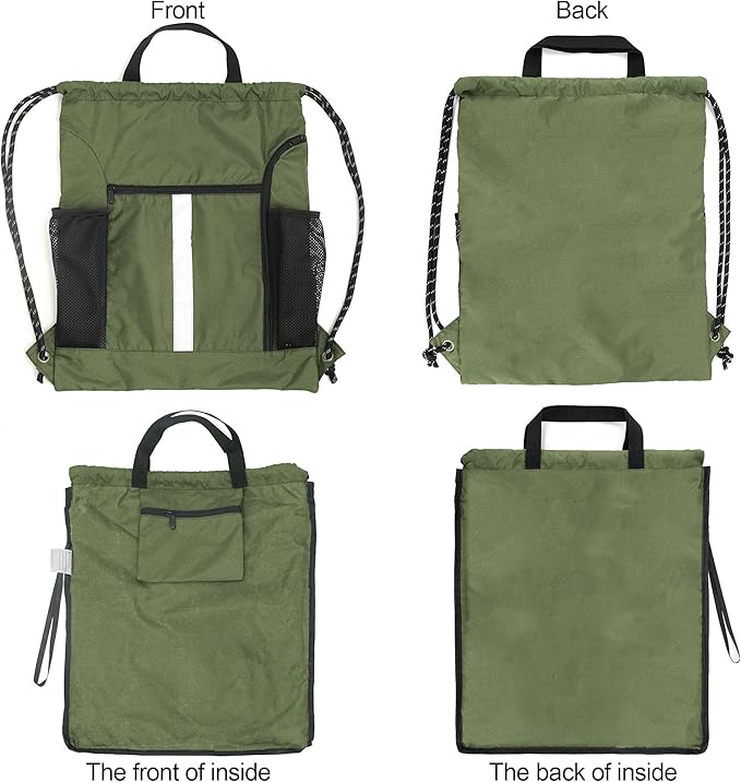 BeeGreen Moss Green Drawstring Bag Pack Sport Cinch Sack with Shoe Compartment and Two Side Mesh Pockets Heavy Duty Gym String Backpack for Unisex