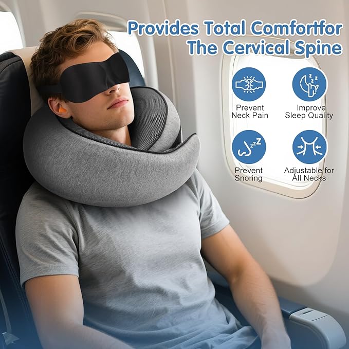 Ergonomic Travel Neck Pillow with Memory Foam Support – Comfortable Airplane Pillow for Adults, Portable Neck Cushion for Car, Office and Long Flights with Eye Mask, Earplug Holder and Carry Bag