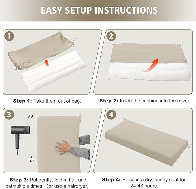 Outdoor Bench Cushion Waterproof 36"x14", Fade-Resistant Patio Furniture Replacement Pad with Ties - Also Fits Indoor Entryway Bench or Window Seat, Cream