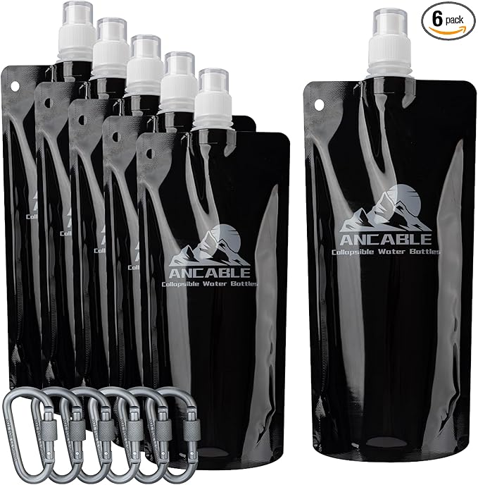 17oz Collapsible Water Bottles, 6-Pack Reusable Travel Foldable Water Bottles for Hiking Camping Running Bike, BPA-Free Water Bottle