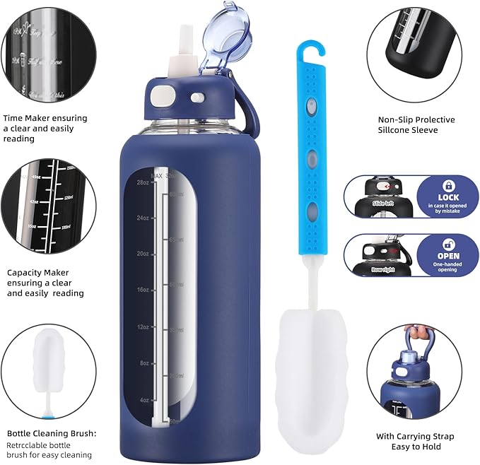 SIEROZUR 32 Glass Water Bottle with Straw and Handle Motivational Water Bottles with Silicone Sleeve and Time Marker Leakproof Borosilicate Water Bottle for Gym Home Office