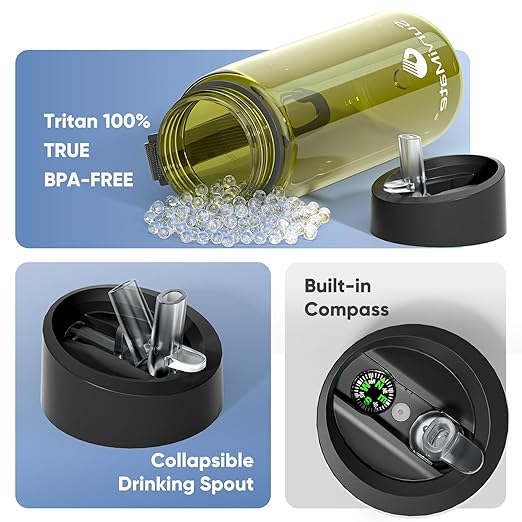 Survimate 5-Stage 0.01μm Ultra-Filtration Filtered Water Bottle, BPA-Free Material, NSF/ANSI 42&372 Certified, Portable Water Filter Bottle for Survival, Camping, Hiking, and Emergency Use