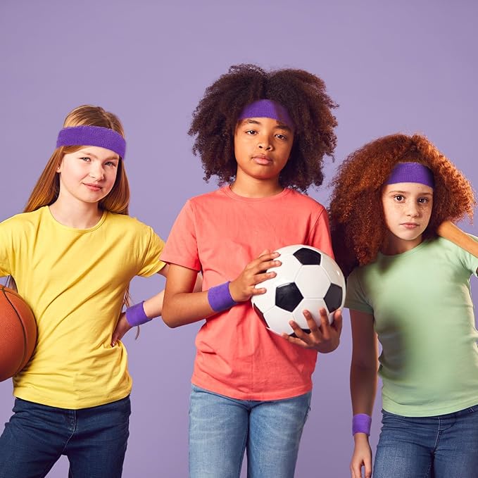 Bememo 36 Pcs Neon Sweatbands Set for Kids Bulk Sports Headband Wristband Set Cotton Terry Basketball Tennis for Students Youth 80s 90s Halloween Costumes Cosplay Glow Party