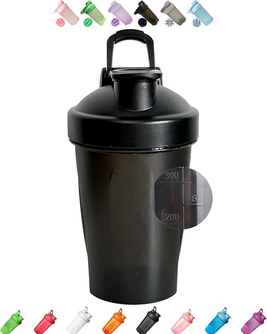 Shaker Bottle A Small Dark Black 12Oz/400ml w. Measurement Marks & Stainless Whisk Blender Mixer Ball,BPA Free,Made of PP5,-4~248 °F,Perfect for Nutrition/Protein/Keto/Juice Powder Shaking