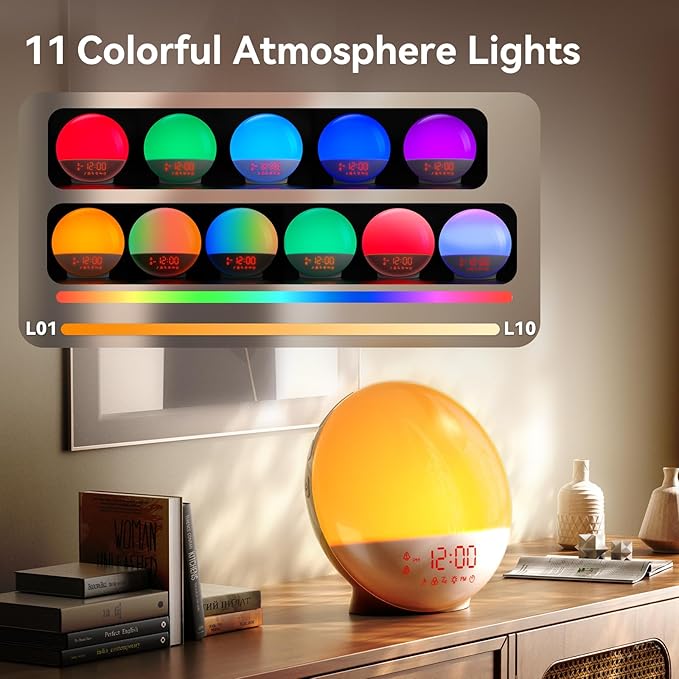 Wake Up Light Sunrise Alarm Clock with 10,000 Lux Therapy Light, White Noise Machine, Sleep Aid, 11 Soothing Colors, Dual Alarms & Snooze