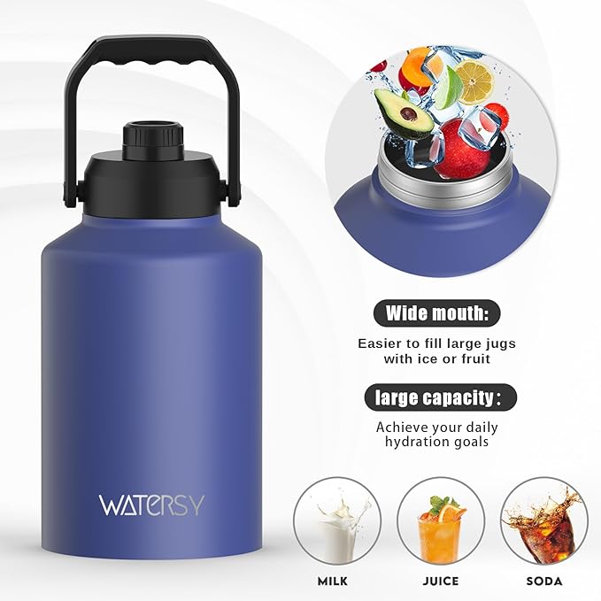Half Gallon Water Bottle Insulated(Cold for 48 Hrs),BPA Free&Leak Proof,64oz Stainless Steel Water Jug/Flask,Big thermo,Large Water Bottle with Handle for Gym,Hiking,Camping,Deep Blue