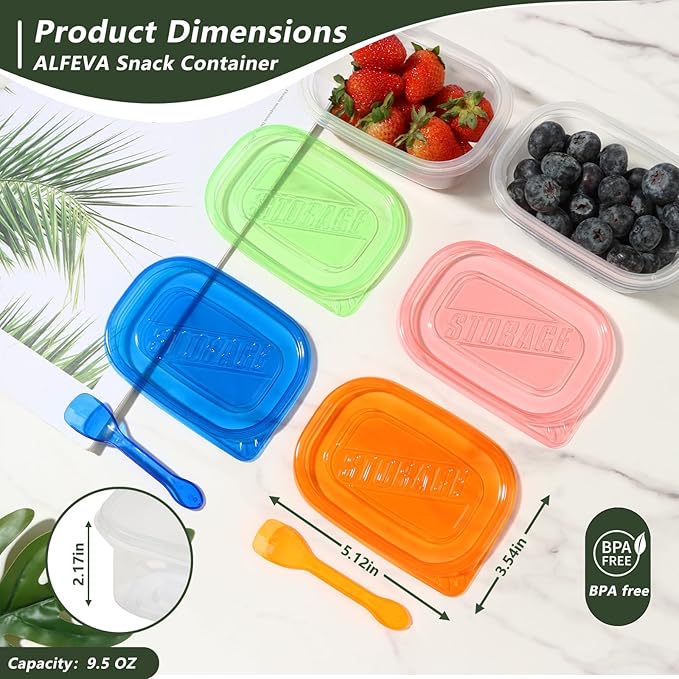 20pcs Snack Containers with Lids, 9.5 Oz Snack Containers for Kids & Adults, Bento Lunch Boxes with 10 Spoons, Lightweight and stackable, Microwave, refrigerator safe，BPA-free(4 Colors)