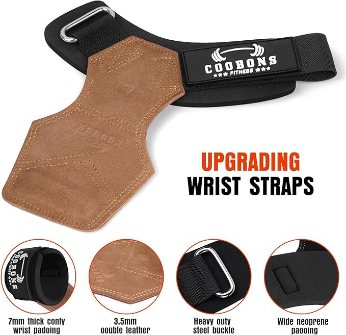 Lifting Wrist Straps for Weightlifting, Double Layer Leather for Weight Lifting Wrist Wraps, Deadlifts, Heavy Powerlifting and Adjustable Wrist Hooks for Strength Training, Gym Workouts Men/Women
