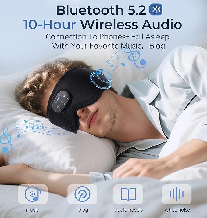 LC-dolida Bluetooth Sleep Mask with White Noise，Sleep Headphones,Bluetooth Wireless Music Eye Mask, Ideal for Travel, Night Work, Napping, Side Sleeping and Office Use for Both Men and Women(Black)