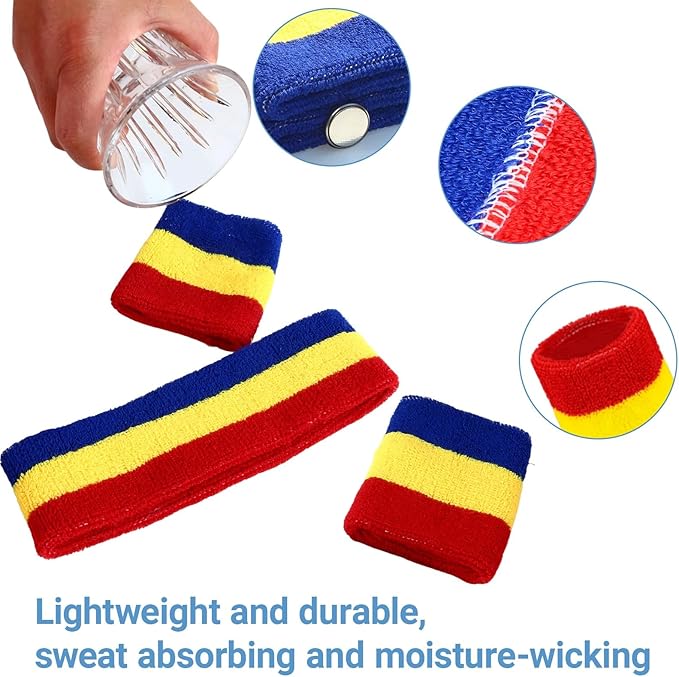 24 Pcs Neon Sweatbands Set Include 8 Pcs Sports Headband and 16 Pcs Cotton Wristbands 80s Neon Sweat Bands Bulk for Gym, Tennis, Basketball, Running, Exercise