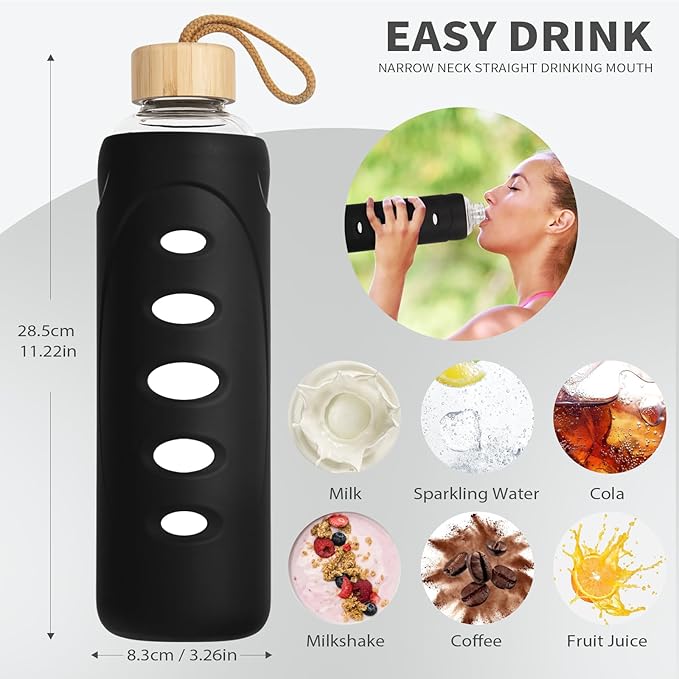 Sport 32oz Glass Water Bottle 1000ml /1 liter Borosilicate Glass Water Bottle Reusable Waterbottle Jugwith Silicone Sleeve and Unique Lid (Black