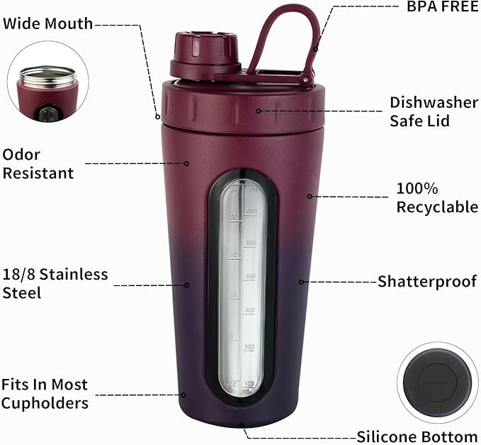 TOOFEEL Shaker Bottles for Protein Mixes - 28 oz Stainless Steel Protein Shaker with 2 Shaker Balls, Not Stays Cold/Hot, Visible Window Metal Shaker Cups, Leakproof, BPA Free Bottle Shaker