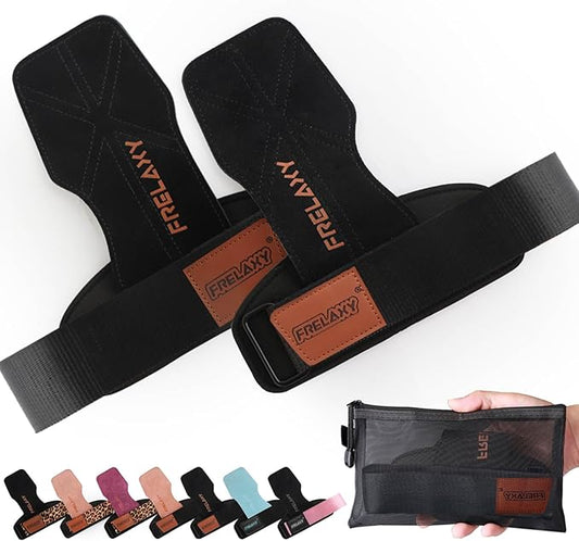 Frelaxy Lifting Wrist Straps Women and Men, Weight Lifting Grips with Cushion Wrist Loop, Double Layer Leather and Storage Pouch, Gym Workout Straps for Deadlift and Powerlifting
