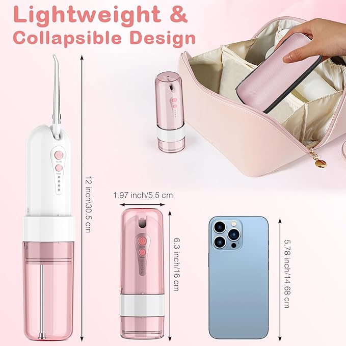 Water Dental Flosser for Teeth Cleaning and Flossing with Travel Size Case – Rechargeable Oral Irrigator, KOOVON Portable Water Flosser for Adults, IPX7 Waterproof, 5 Jet Tips & 4 Modes, Pink
