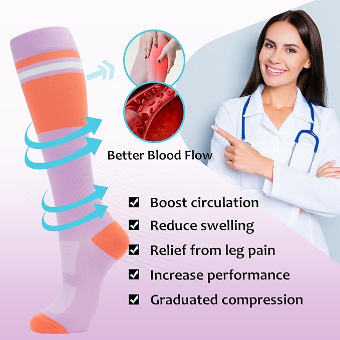 fenglaoda Compression Socks Women Men 4 Pairs, Knee High Support Socks for Running, Sports, Travel, Flight, Nurse