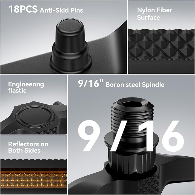 Bike Pedals, Universal Fit 9/16" Non-Slip Lightweight Nylon Fiber Bicycle Pedals Wide Flat Platform for Road Mountain BMX MTB Bike