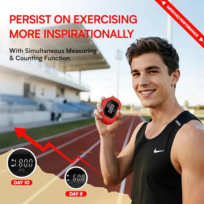 Hand Grip Strength Tester Trainer - Strength Dynamometer for Fun Rechargeable Hand Exercising Device with Finger Exerciser and Stretcher Exercise Workout Equipment for Palm Red Blue