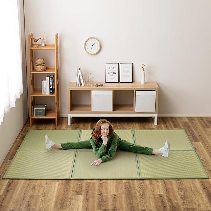 HAGiHARA Japanese Tatami Mat, Patchwork Tatami Floor Mats, 96" x 64" Foldable Square with Non-Slip Design for Bedroom, Crawling and Yoga, Made of Rush Grass, Igusa(with Edge/6 Picecs)