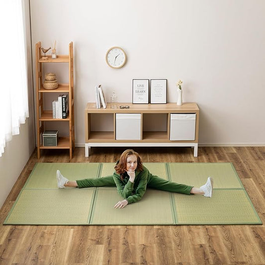 HAGiHARA Japanese Tatami Mat, Patchwork Tatami Floor Mats, 96" x 64" Foldable Square with Non-Slip Design for Bedroom, Crawling and Yoga, Made of Rush Grass, Igusa(with Edge/6 Picecs)