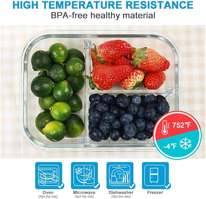 DAS TRUST 3 Pack Bento Box Glass Meal Prep Containers - 3 Compartment Glass Food Storage Containers with Lids - Lunch Box Meal Prep Bowls - Oven Safe