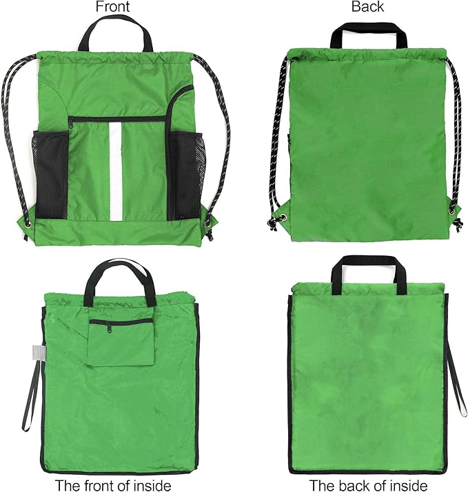 BeeGreen Bright Green Drawstring Backpack Bag Sports Gym Backpack with Shoe Compartment and Two Water Bottle Holder for Men Women Large Athletic Cinch Sackpack Workbag