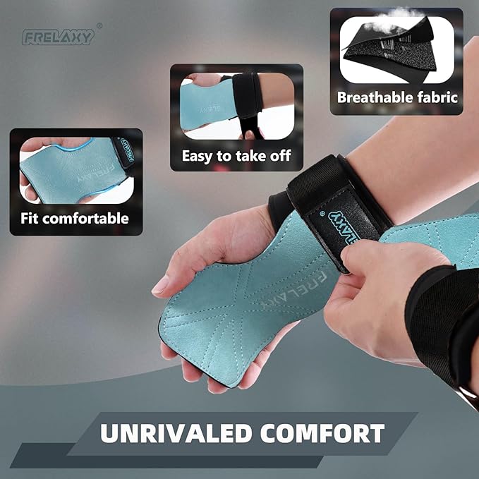Frelaxy Lifting Wrist Straps Women and Men, Weight Lifting Grips with Cushion Wrist Loop, Double Layer Leather and Storage Pouch, Gym Workout Straps for Deadlift and Powerlifting