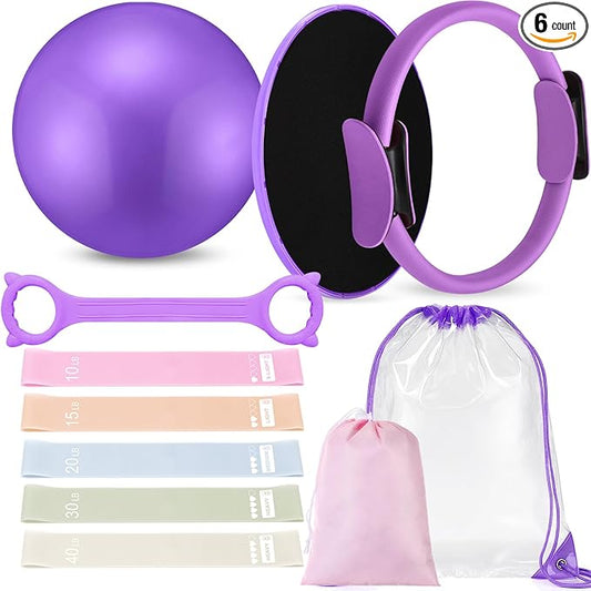 Pilates Ring Set for Women Exercise Equipment with 9 Inch Yoga Ball, Figure 8 Resistance Band, Sliding Disks, Yoga Bands Accessories Pilates Ring and Ball Set for Beginners Home Workouts