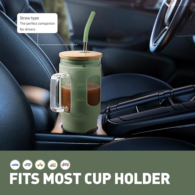 Glass Tumbler with Straw and Lid, 32 oz Glass Cup with Handle, Glass Water Bottles with Time Marker, 2 Straws - Pearl Straw & Drinking Straw Silicone Protective Sleeve-Olive