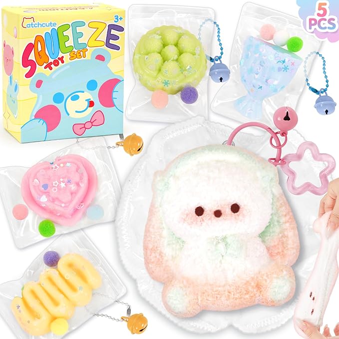 Squishies Toys Set 5PCS, Squeeze Toys Stuffed Bunny Cake Dessert Flower Sensory Fidget Toys for Anxiety Relief, Desk Sticky Toys Party Favors Birthday for Boys and Girls