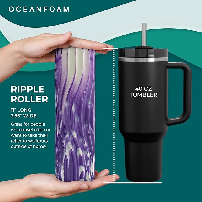 Oceanfoam Ripple Travel Foam Roller (11" x 3.35") Firm Mini Foam Roller for Physical Therapy, Deep Tissue Massage, Back Pain - High Density, Ergonomic Wave Textured - Yoga, Exercise (Purple Marbled)