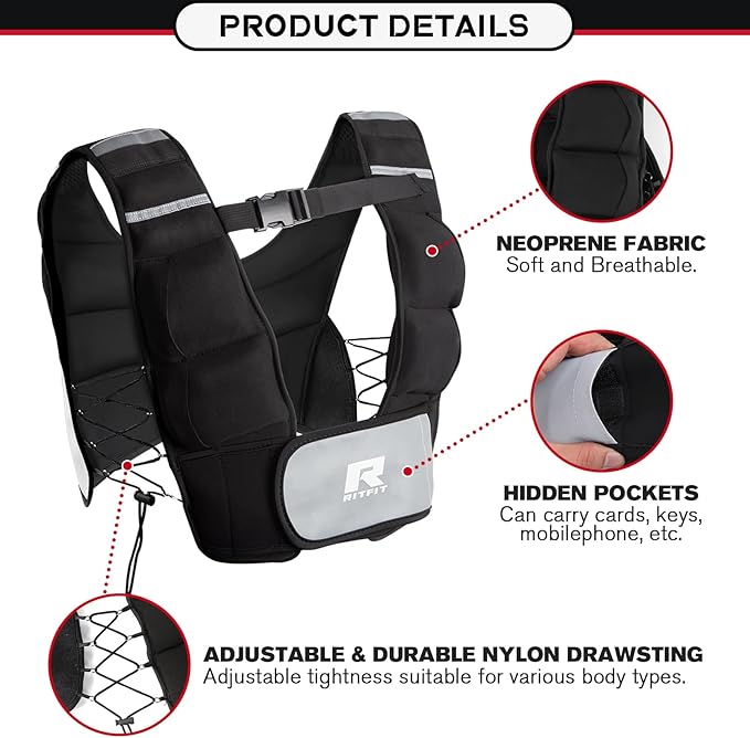 RitFit Weighted Vest, 4lb/8lb/10lb/12lb/15lb/20lb Weight Vest with Reflective Stripes, Weight Vest Adjustable for Women and Men Workout, Strength Training, Running, Fitness, Jogging, Walking