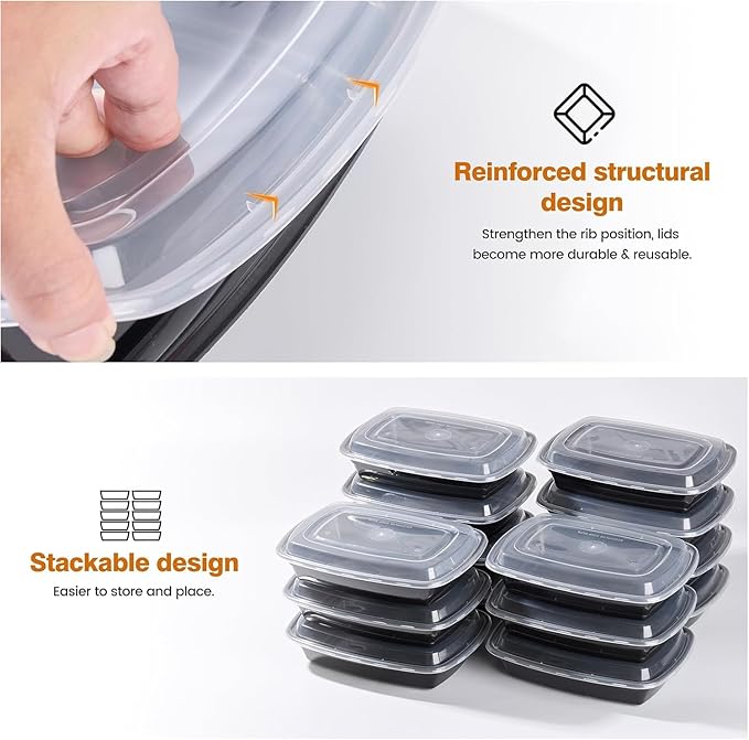 Glotoch Express 32oz 1-Compartment Black Square Food Containers with Lids, Durable BPA-Free Plastic Meal Prep Boxes, Microwave/Freezer/Dishwasher Safe, 300 Pack