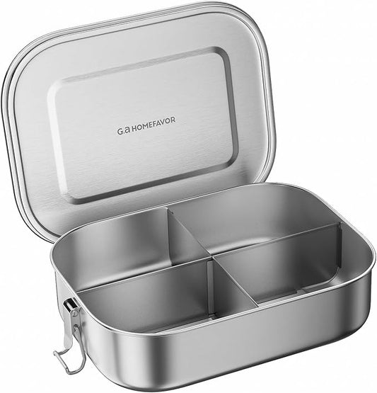 G.a HOMEFAVOR Stainless Steel Bento Lunch Box, Metal Lunch Container with 4-Compartment, 1400 ml, Ideal for Work & Travel, Meal Prep, Leak Proof, Dishwasher Safe