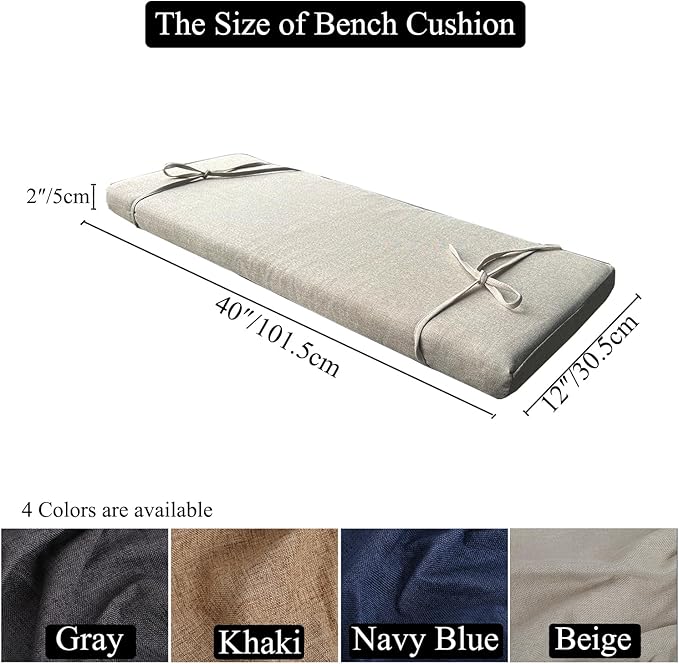 40 x 12 Inch Piano Bench Cushions for Indoor Furniture with Ties Non Slip Kitchen Dining Room Bench seat Cushion for Shoe Storage Ottoman Window Settee pad, Beige