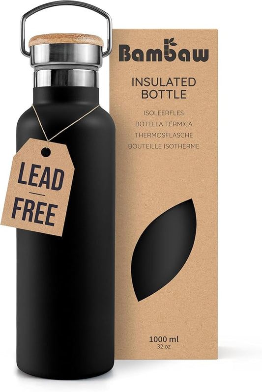 Bambaw Insulated Water Bottle 32 oz, Black Water Bottle with Handle, Stainless Steel Water Bottle, Thermo Water Bottle Metal, 1 Liter Water Bottle, Large Water Bottle 32oz – Jet Black
