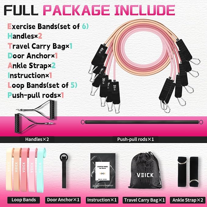 VEICK Pilates Bar Kit with Resistance Bands, Elastic Workout Bands for Men and Women, Set of 5 Resistance Loop Bands for Home Fitness, Stretching, Strength Training, Physical Therap