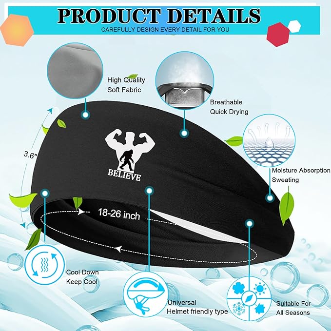 Sports Headbands for Men Sweatbands Sweat Bands Headbands Men 3pcs Workout Cooling Head Bands for Running Hairband for Tennis Football Gym Yoga