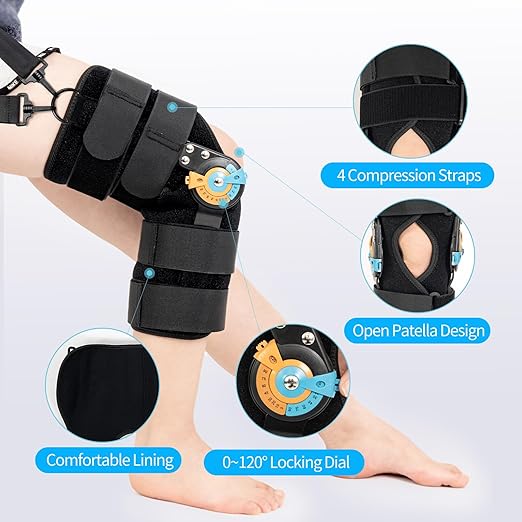 Hinged ROM Knee Brace Adjustable Knee Immobilizer Support for Knee Pain ACL MCL PCL Arthritis Meniscus Tear Post OP Recovery for Men and Women Side Stabilizers Torn Meniscus Orthopedic Orthosis (Upgraded - with Shoulder Strap, X-Large)