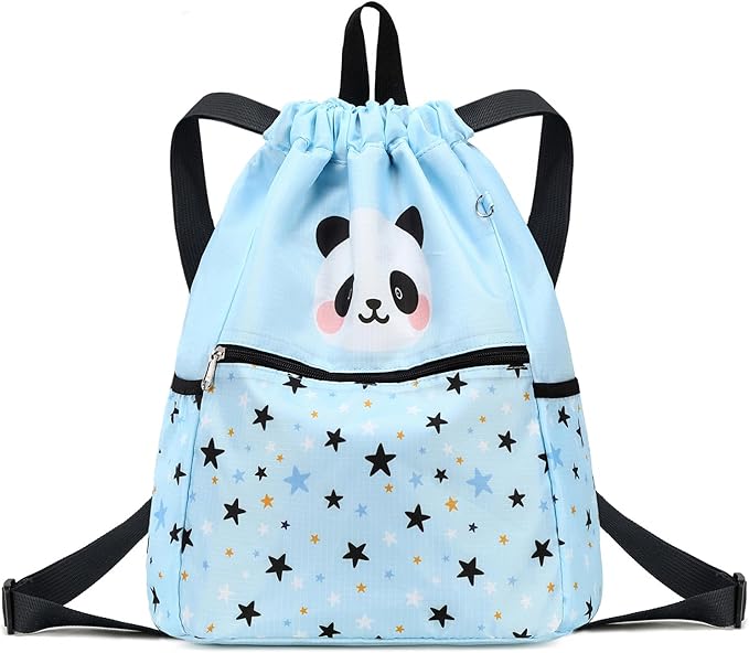 Drawstring Backpack for Kids - Panda Bags for Girls Mini Gym Dance Beach Swim Travel Bag With Two Water Bottle Holder Light Blue