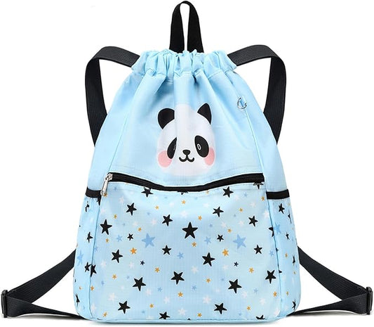 Drawstring Backpack for Kids - Panda Bags for Girls Mini Gym Dance Beach Swim Travel Bag With Two Water Bottle Holder Light Blue