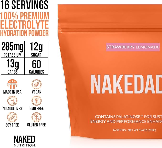 Nakedade Strawberry Lemonade – Performance Enhancing Sports Drink Powder - Electrolyte Powder – No GMOs or Artificial Sweeteners, Gluten-Free, Soy-Free, Dairy-Free – 16 Sticks