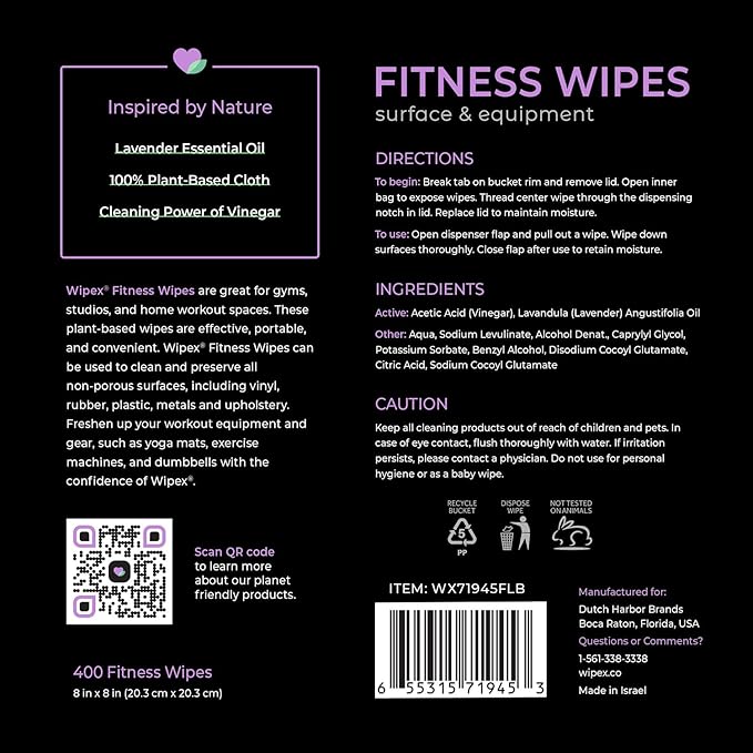 Wipex Gym Wipes - Natural Fitness Equipment Wipes, Plant-Based Cloth with Lavender & Vinegar, All-Purpose Cleaner - Safe to Use on Peloton Bikes & Yoga Mats, 400 Count