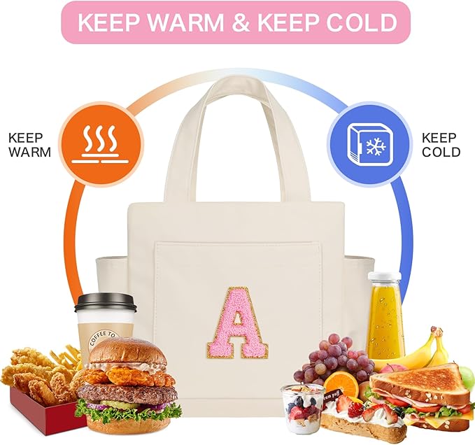 Joymee Leather Lunch Box Lunch Bag for Women Adult Insulated Reusable Leakproof Large Spacious Lunch Cooler Lunch Tote Bag with Bottle Holder and Side Pockets for Work Picnic Beach (Letter A)