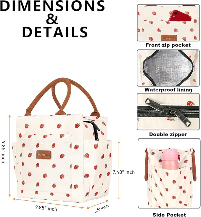 Joymee Lunch Bag Women Insulated Lunch Box Reusable Leakproof Large Spacious Cooler Tote for Women Men Adult with Bottle Holder and Side Pockets for Work Office Travel Picnic - Strawberry