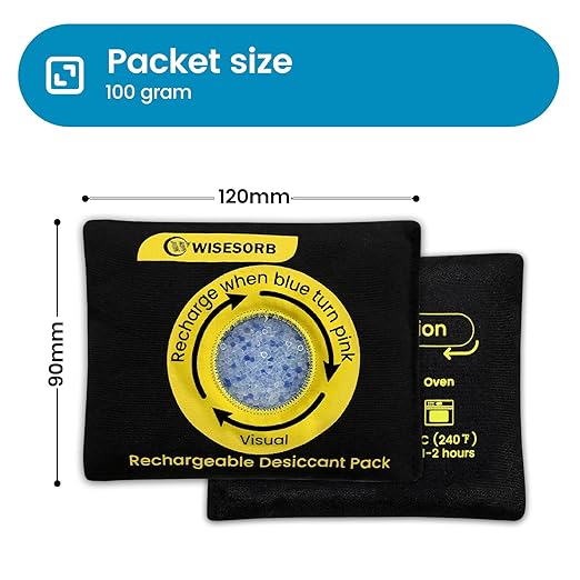 100g Reusable Silica Gel Desiccant Packs, Rechargeable Dehumidifier Moisture Absorbers with Color Indicator for Bins, Gun Safes, Suitcases, 3D Printing Filaments, Electronics, Cars [3 Pack]