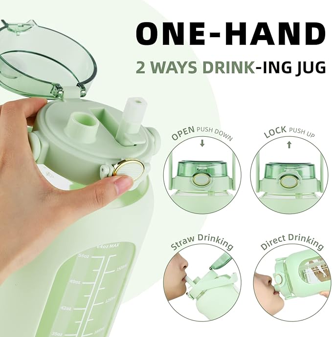 SIEROZUR 74oz Glass Water Bottle with Straw and Lid Large Gallon Water Jug with Silicone Sleeve and Handle 2.2 liter Wide Mouth Bottle with Time Marker for Gym Sports& Workout