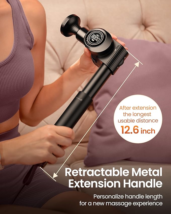 Massage Gun with Heat,Deep Tissue Handheld Percussion Back Massager for Muscle/Neck/Body Pain Relief with Long Extension Retractable Handle,32-Speeds,Foldable,5 Adjustable Angles,with Carry Case